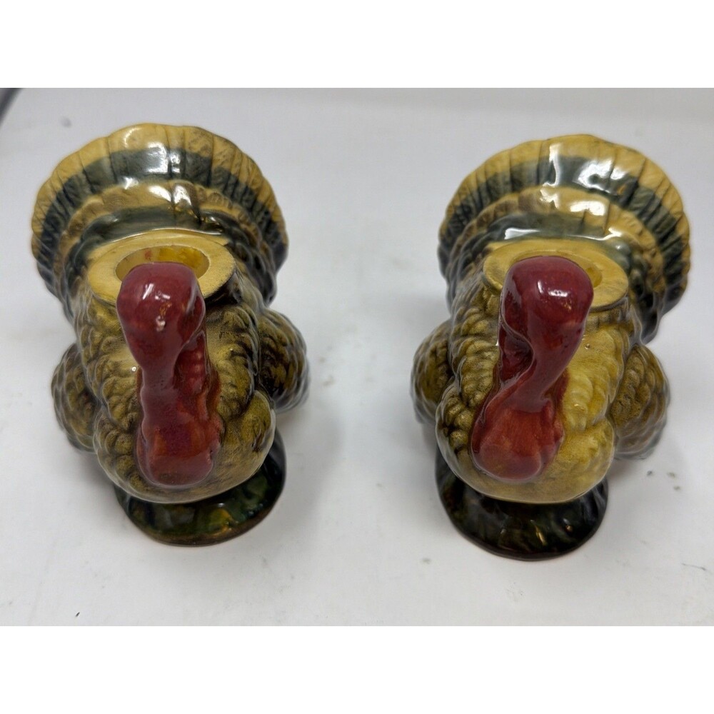 Vintage Japan Napcoware Hand-Painted Ceramic Turkey Candlesticks - Set of Two